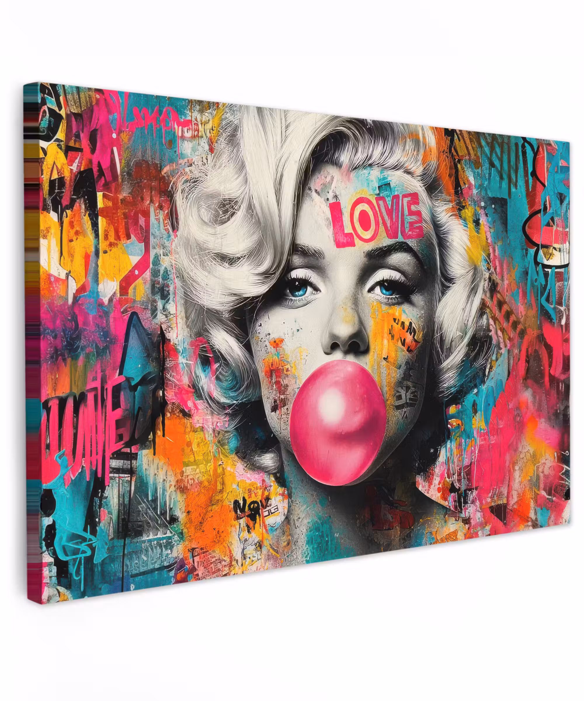 Canvas schilderij - Vrouw - Kauwgom - Graffiti - Neonkleuren