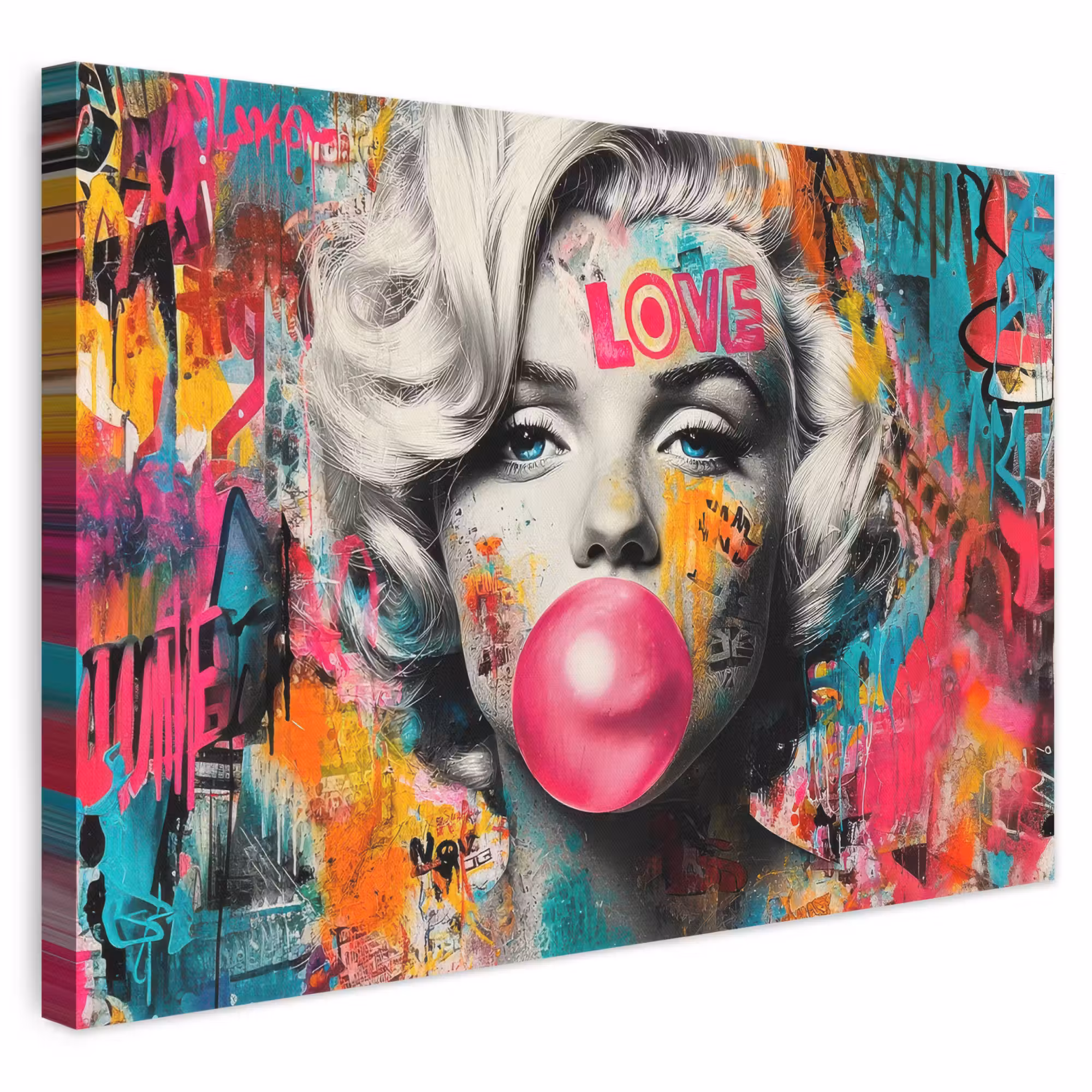 Canvas schilderij - Vrouw - Kauwgom - Graffiti - Neonkleuren