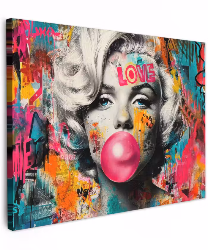 Canvas schilderij - Vrouw - Kauwgom - Graffiti - Neonkleuren
