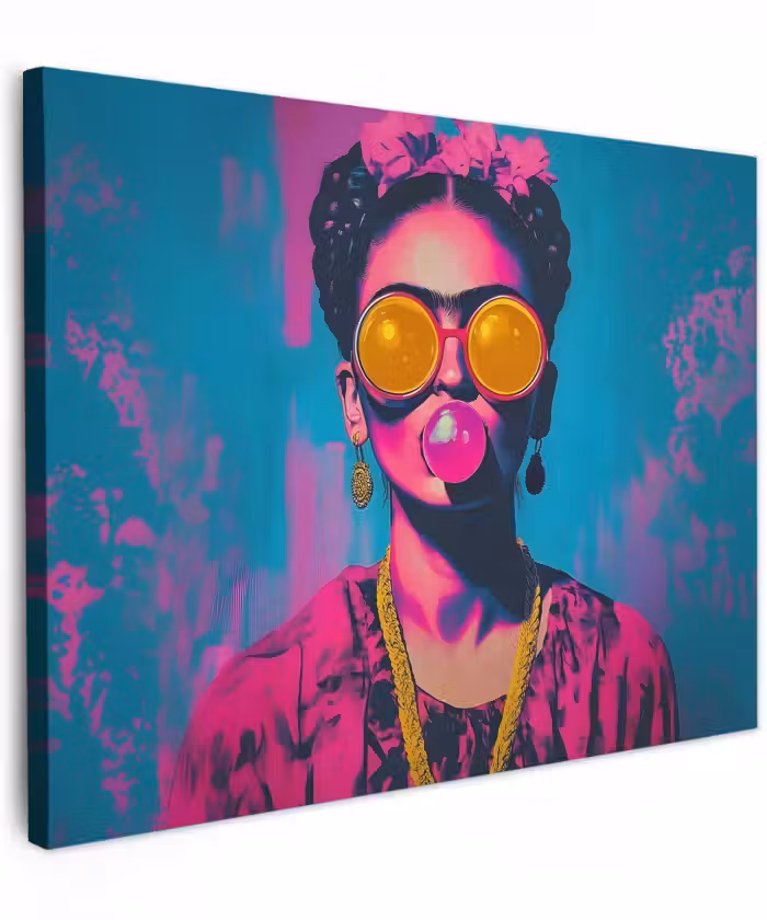 Canvas schilderij - Vrouw - Kauwgom - Zonnebril - Oranje