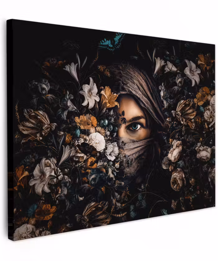 Canvas schilderij - Vrouw - Luxe - Bloemen - Vlinder - Portret