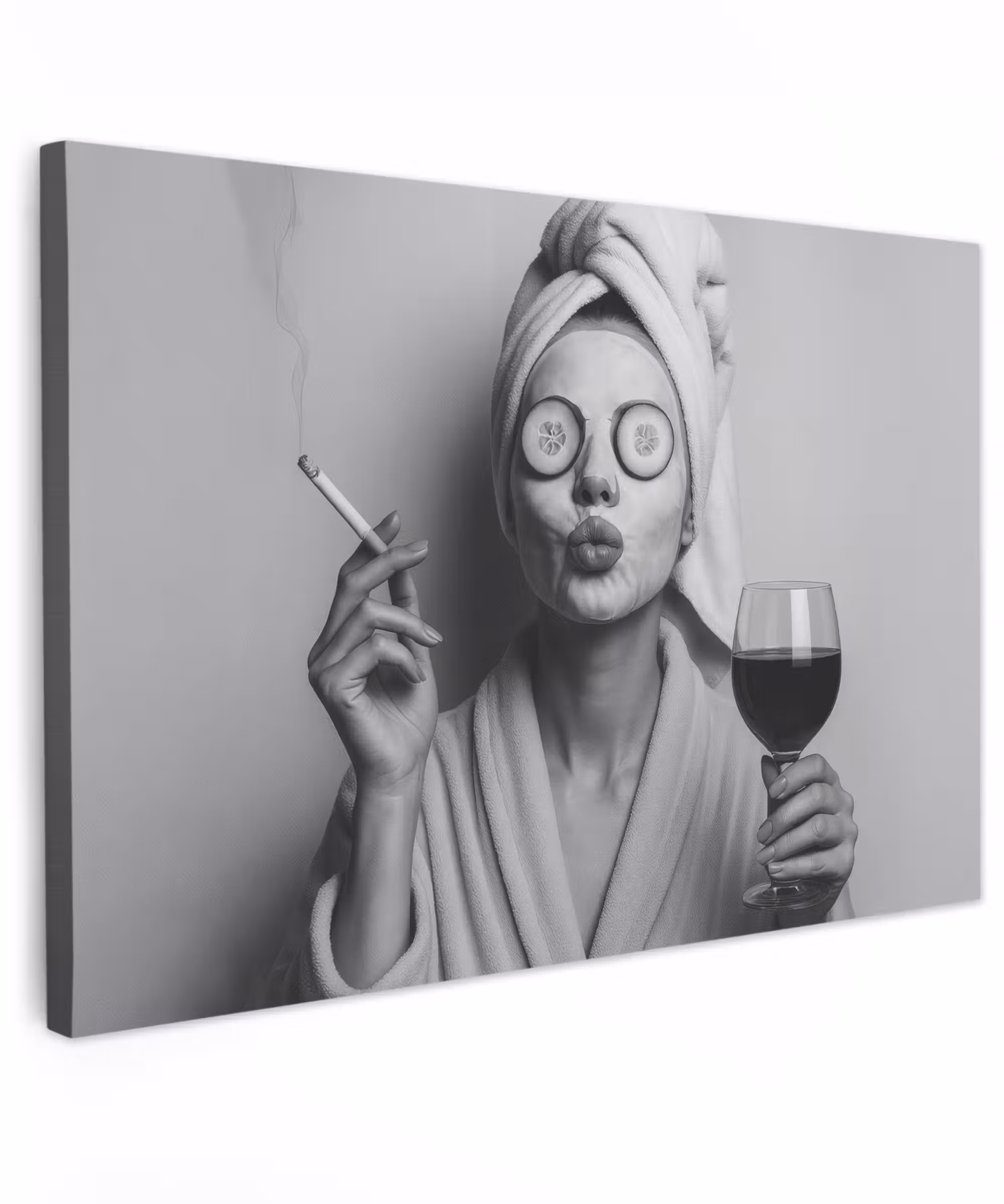 Canvas schilderij - Vrouw - Masker - Wijn - Sigaret
