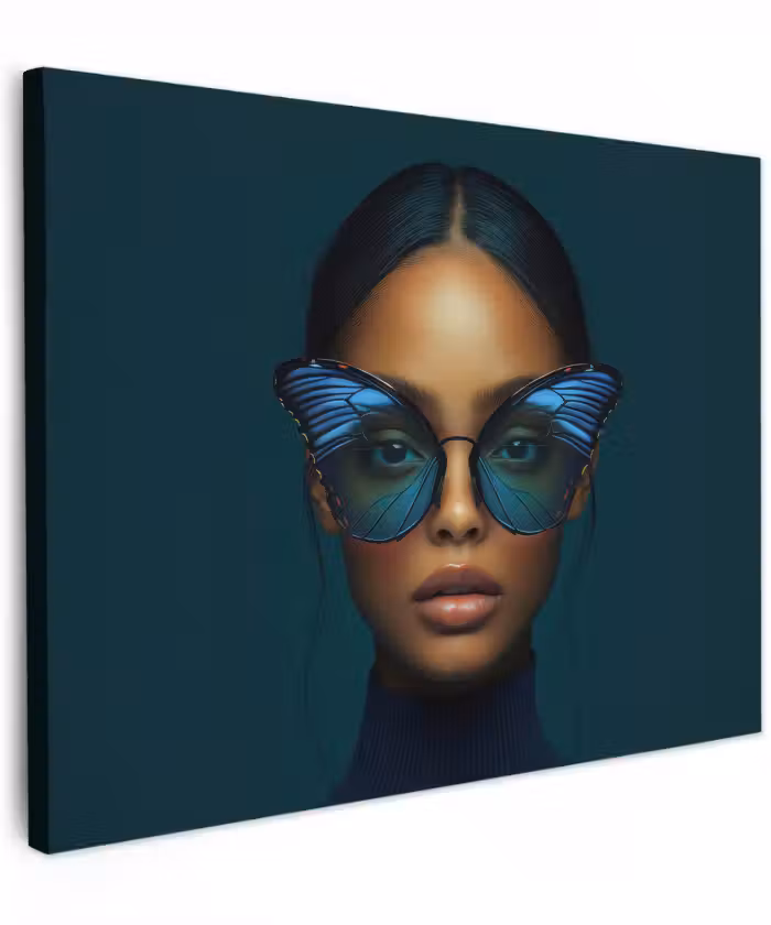 Canvas schilderij - Vrouw - Vlinder - Bril - Blauw - Modern - Portret