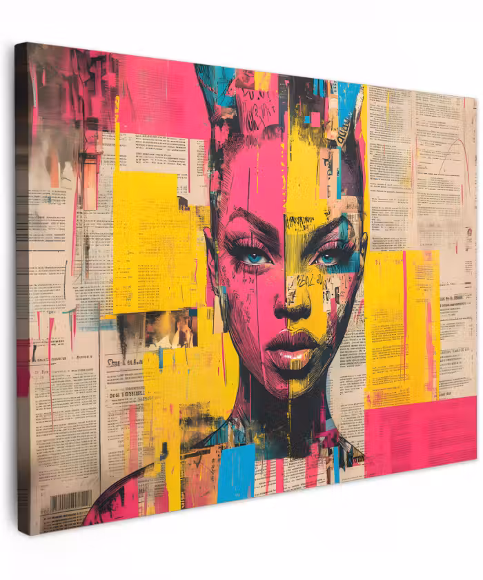 Canvas schilderij - Vrouwengezicht - Krantenpapier - Abstract - Roze