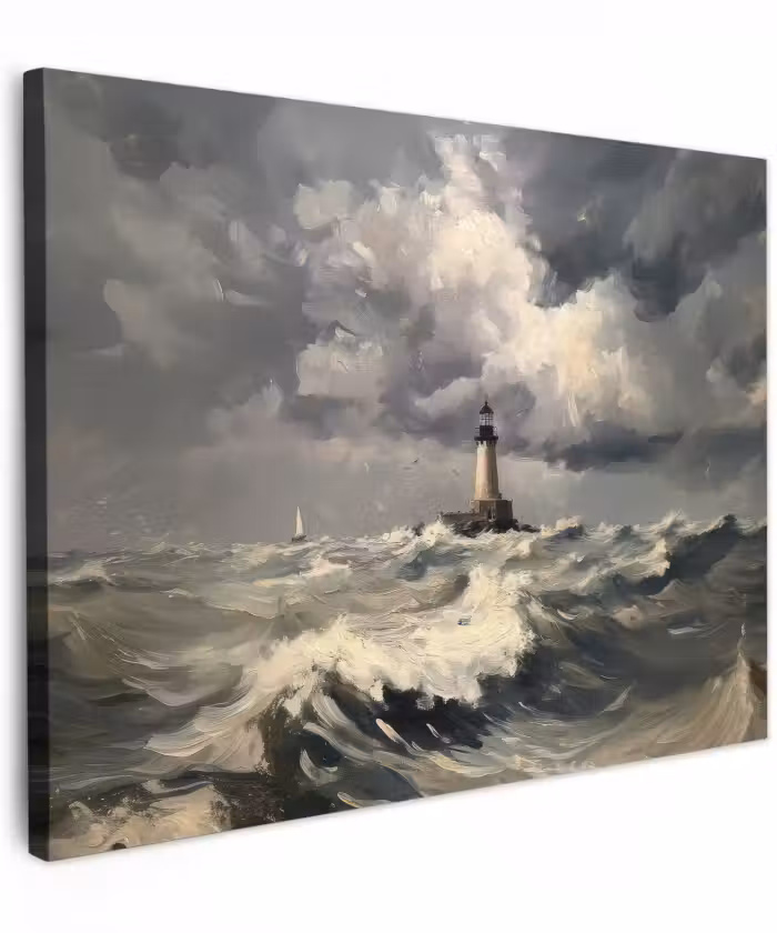 Canvas schilderij - Vuurtoren - Golven - Storm