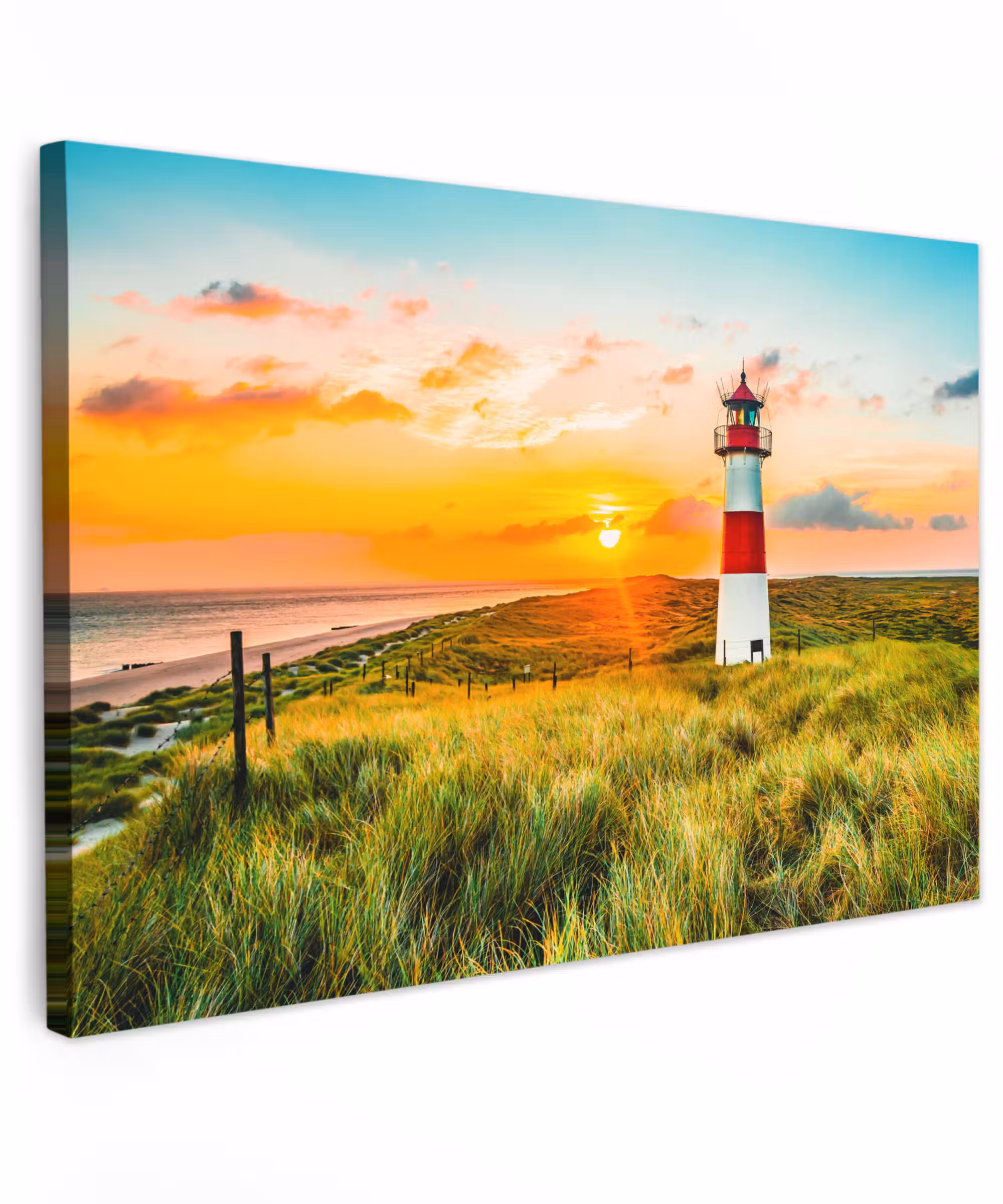 Canvas schilderij - Vuurtoren - Natuur - Zon - Landschap - Gras - Strand - Zee
