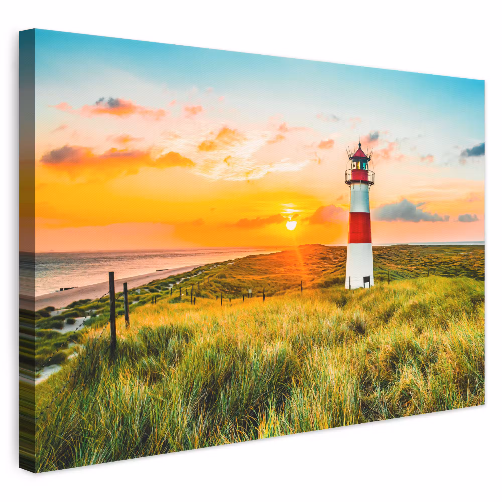 Canvas schilderij - Vuurtoren - Natuur - Zon - Landschap - Gras - Strand - Zee