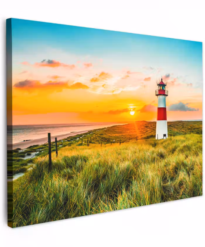 Canvas schilderij - Vuurtoren - Natuur - Zon - Landschap - Gras - Strand - Zee
