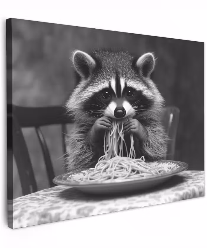 Canvas schilderij - Wasbeer - Cute - Pasta - Tafelkleed - Zwart - Wit