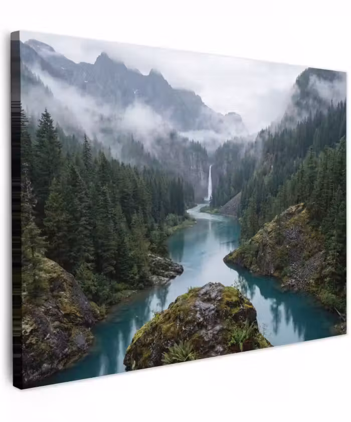 Canvas schilderij - Waterval - Bomen - Bergen