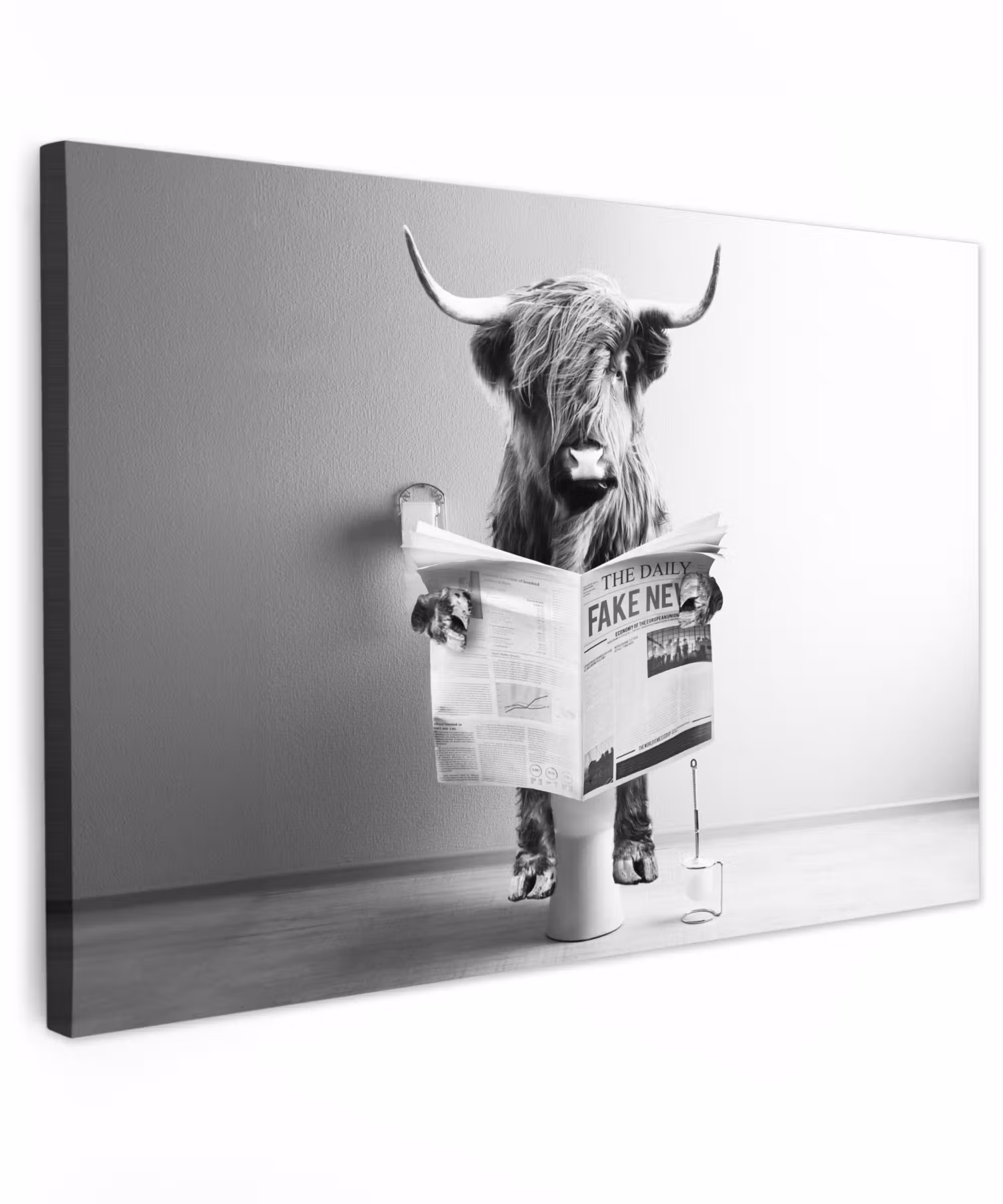 Canvas schilderij - WC - Toilet - Krant - Schotse Hooglander - Zwart Wit