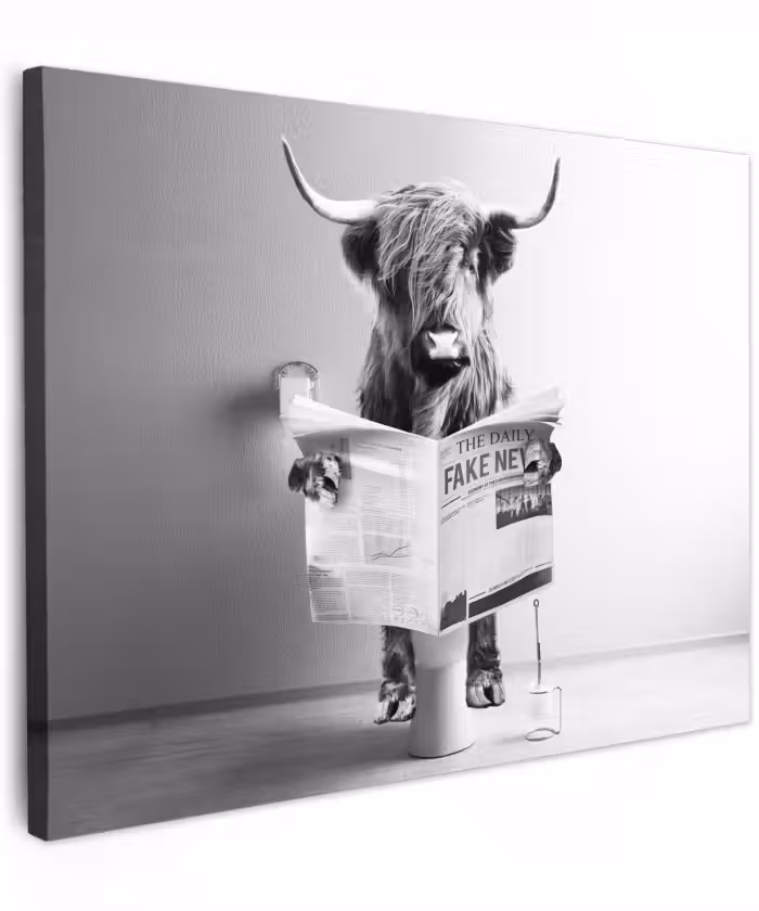 Canvas schilderij - WC - Toilet - Krant - Schotse Hooglander - Zwart Wit