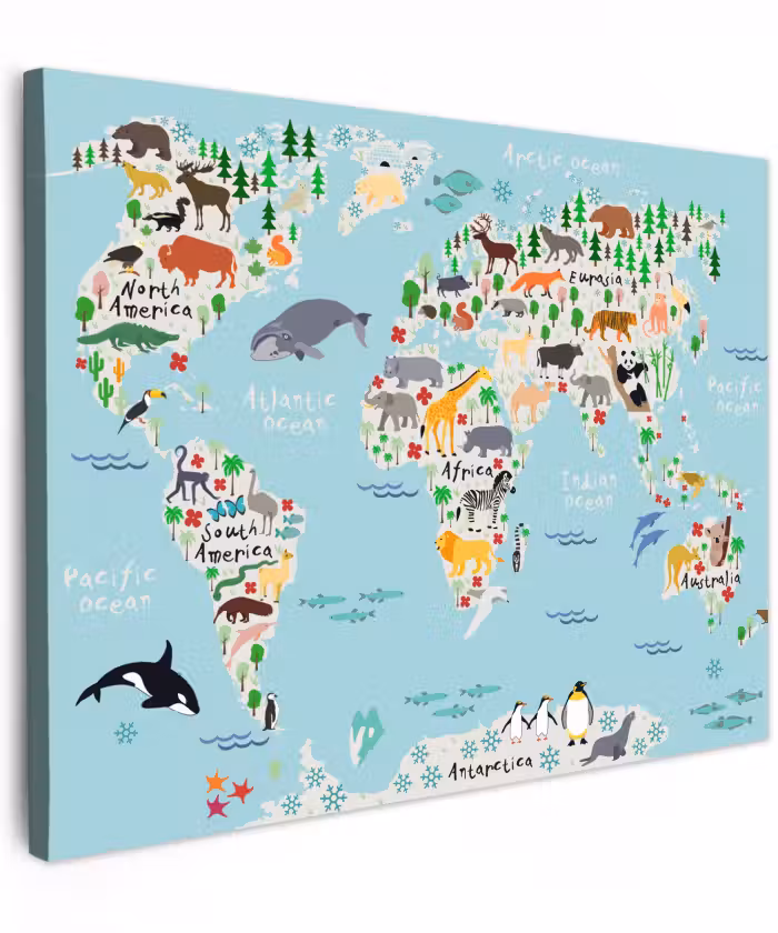 Canvas schilderij - Wereldkaart - Kinderen - Dieren - Blauw - Orka - Walvis