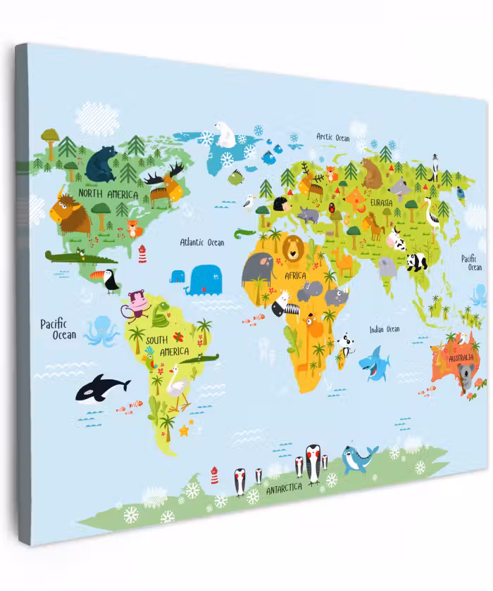 Canvas schilderij - Wereldkaart - Kinderen - Dieren - Natuur - Jongens - Meisjes