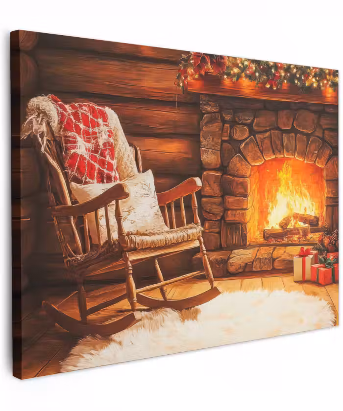 Canvas schilderij - Winter - Kerst - Huis - Openhaard