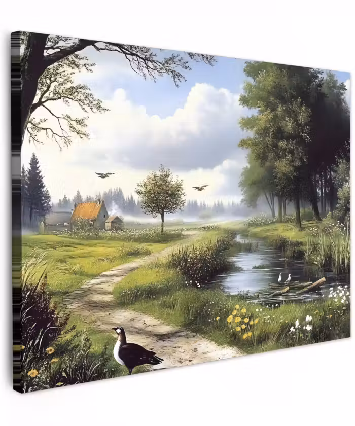 Canvas schilderij - Zandpad - Groen landschap - Water