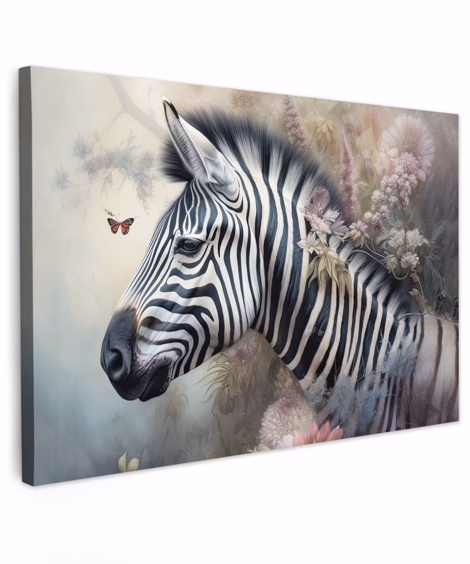 Canvas schilderij - Zebra - Wilde dieren - Vlinder - Bloemen