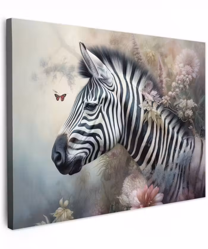 Canvas schilderij - Zebra - Wilde dieren - Vlinder - Bloemen