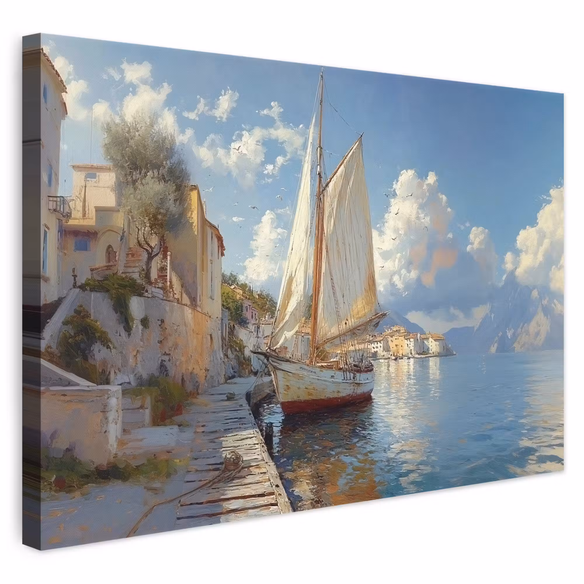 Canvas schilderij - Zeilschip - Huizen - Kade - Zee