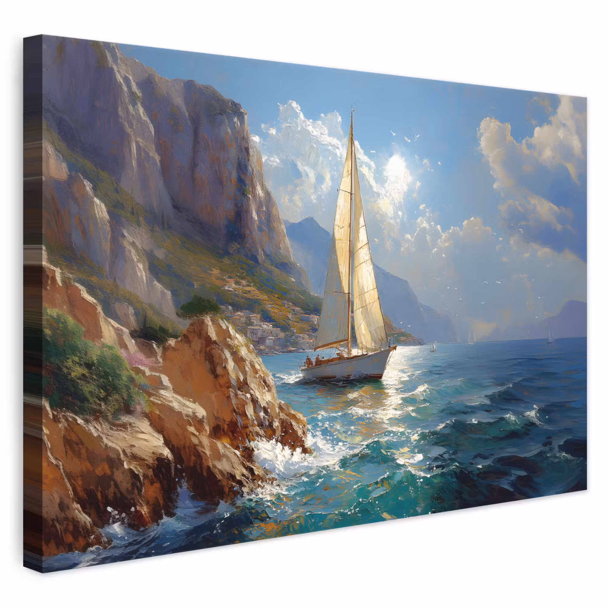 Canvas schilderij - Zeilschip - Zee - Rotsen - Wolken