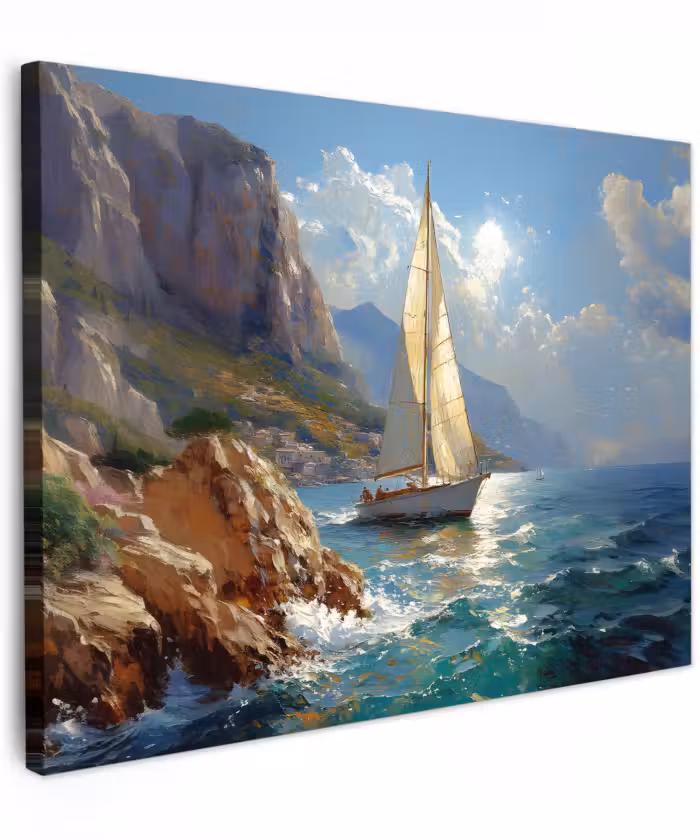 Canvas schilderij - Zeilschip - Zee - Rotsen - Wolken