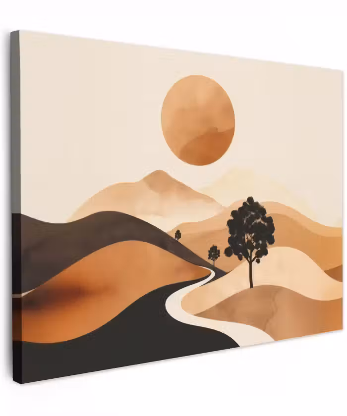 Canvas schilderij - Zon - Heuvels - Boom - Abstract