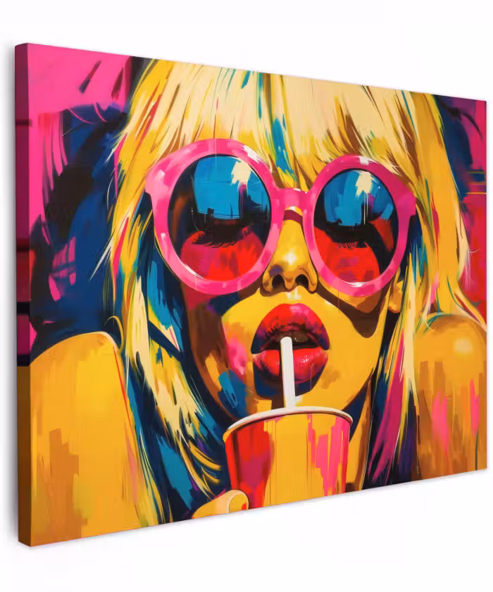Canvas schilderij - Zonnebril - Roze - Vrouw - Rietje