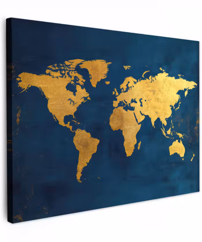 Canvas schilderij - Wereldkaart - Goud - Donkerblauw