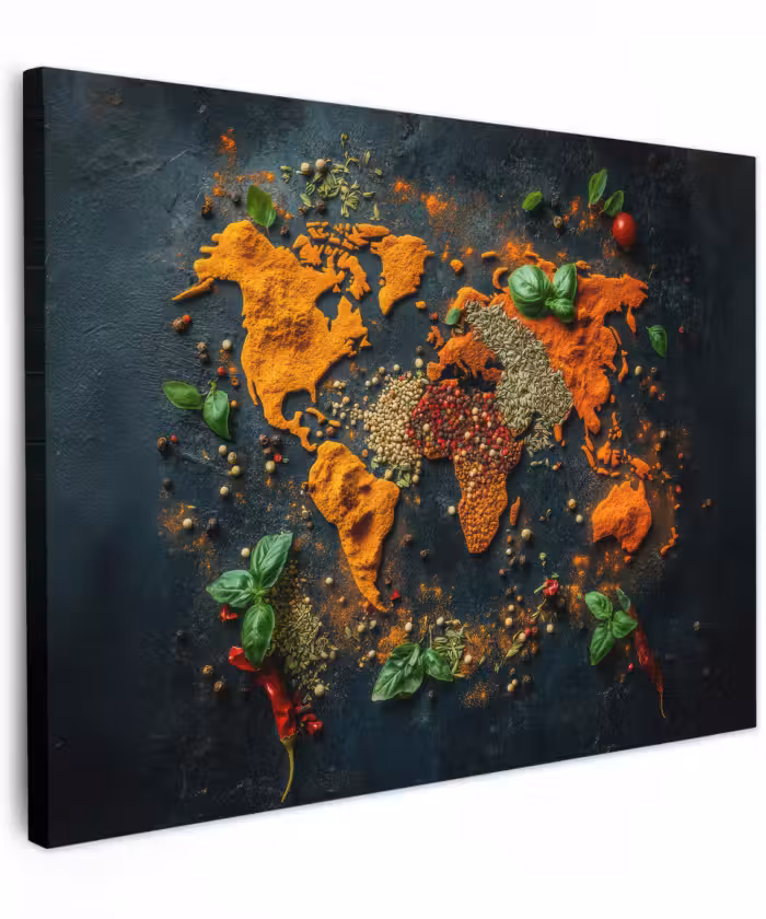 Canvas schilderij - Wereldkaart - Kruiden - Levendige kleuren