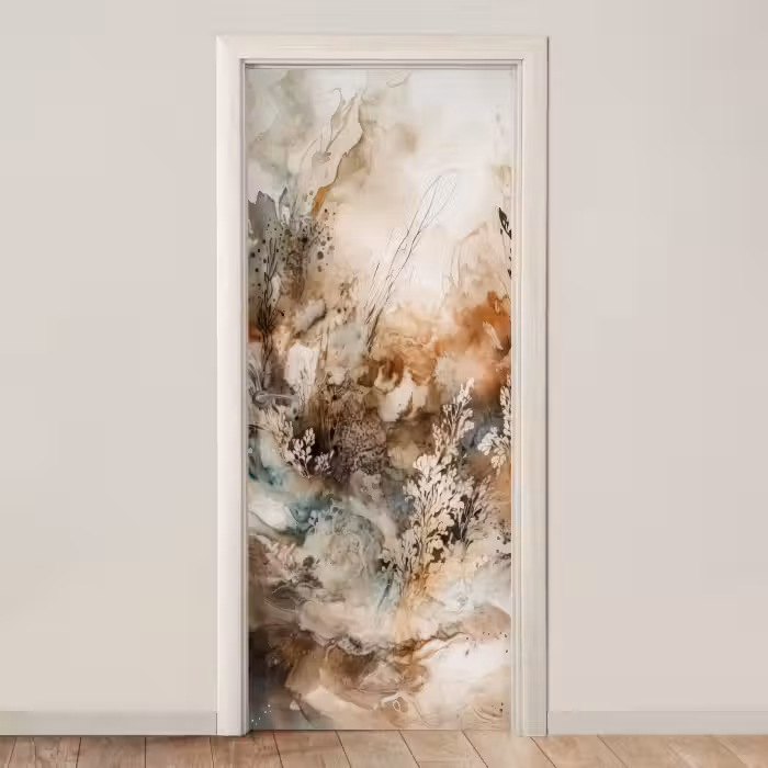 Deursticker - Abstracte Aquarel Planten Beige