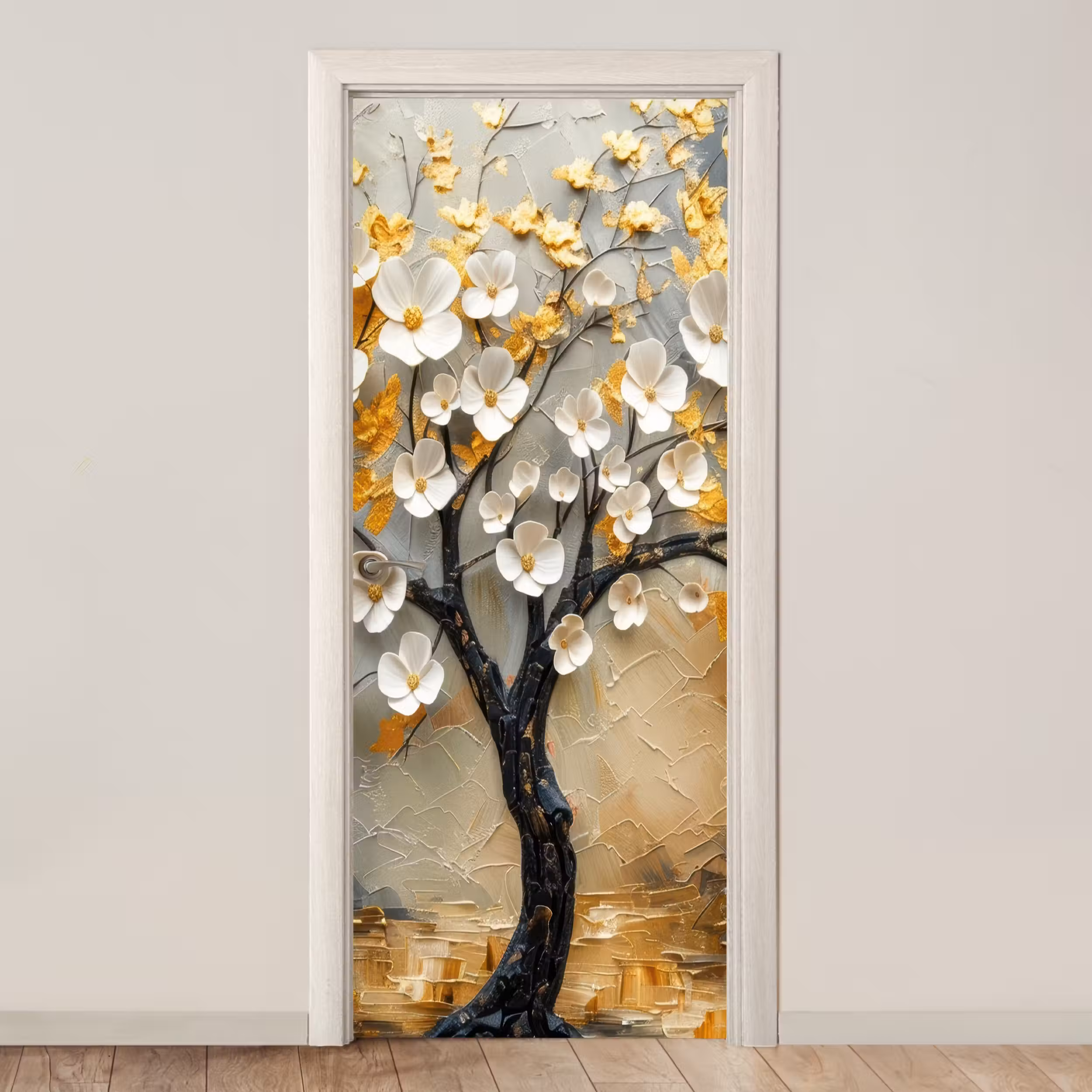 Deursticker - Boom - Bloemen - Goud - Beige