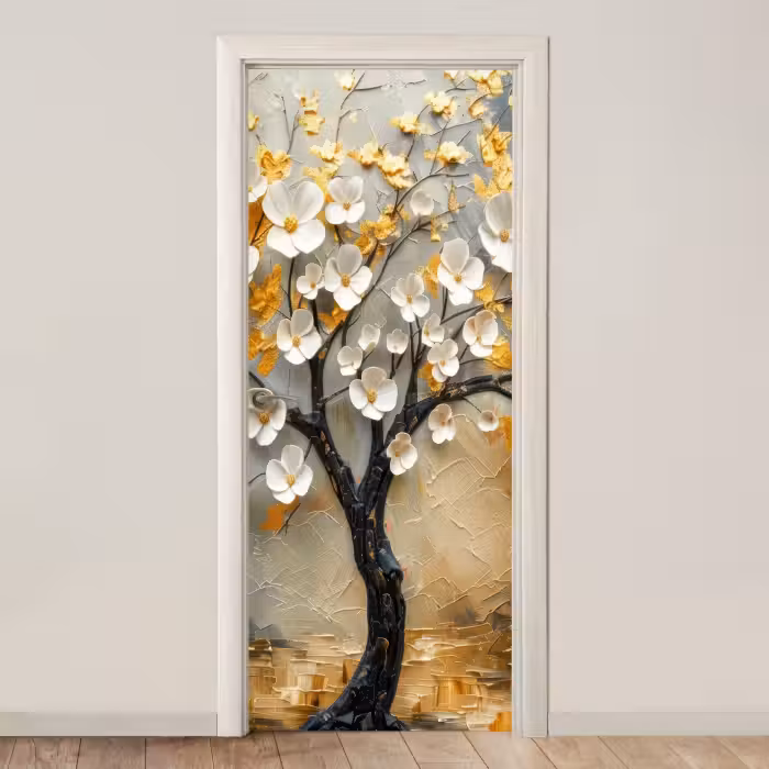Deursticker - Boom - Bloemen - Goud - Beige