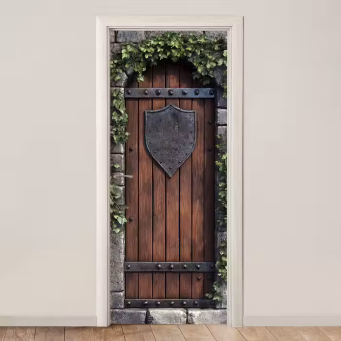 Deursticker - Kasteeldeur - Bruin - Stenen - Hout - Klimop