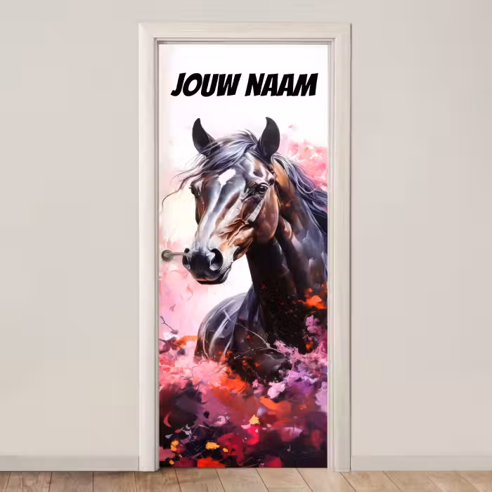 Deursticker met naam - Paard met Roze Bloemen
