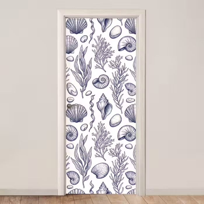 Deursticker - Schelpen - Zeewier - Oceaan - Illustratie - Blauw