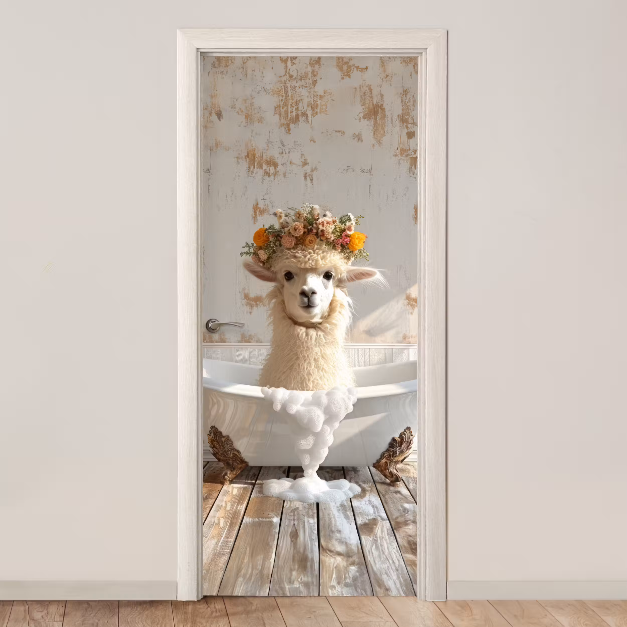 Deursticker - Vintage - Alpaca - Badkuip - Bloemen - Dieren