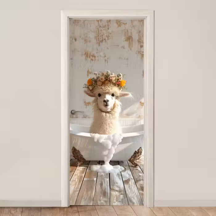 Deursticker - Vintage - Alpaca - Badkuip - Bloemen - Dieren