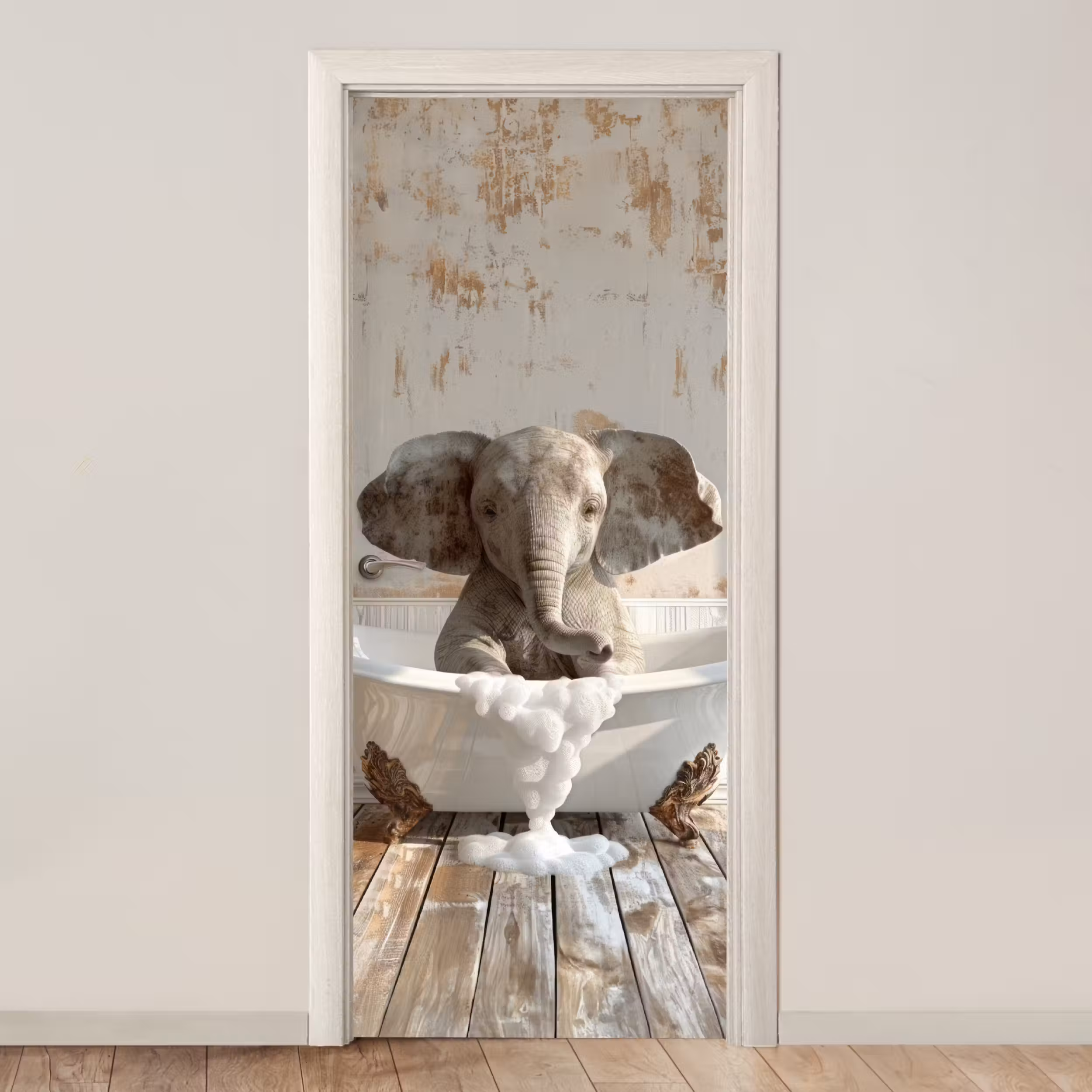 Deursticker - Vintage - Olifant - Badkuip - Schuim - Wilde dieren