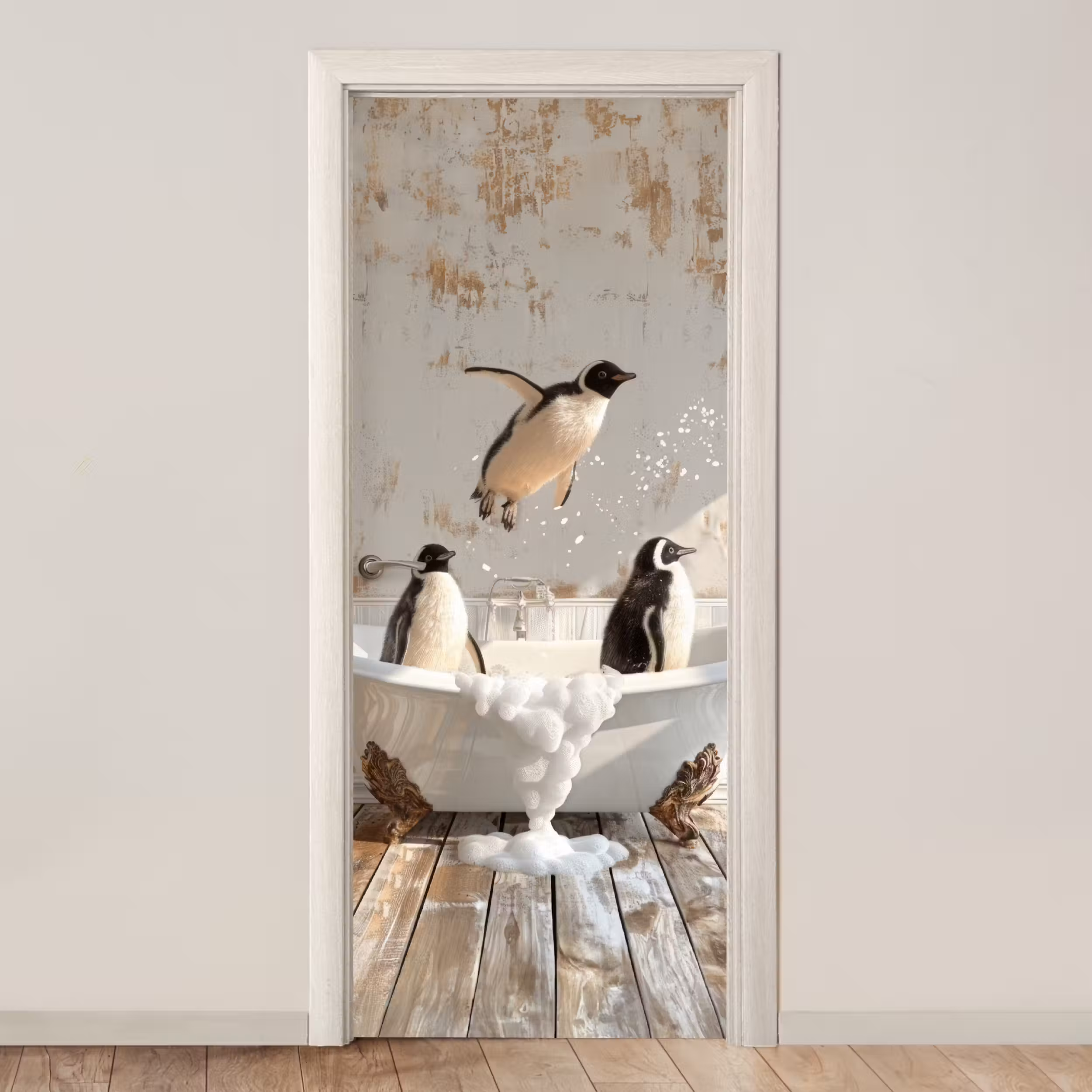 Deursticker - Vintage - Pinguïn - Badkuip - Schuim