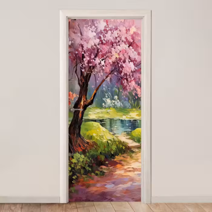 Deursticker - Watercolor - Natuur - Bomen - Kunst - Bloemen