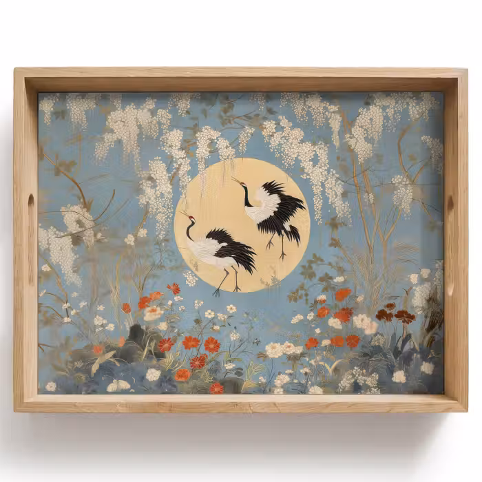 Dienblad - Kraanvogels - Maan - Bloemen - Blauw