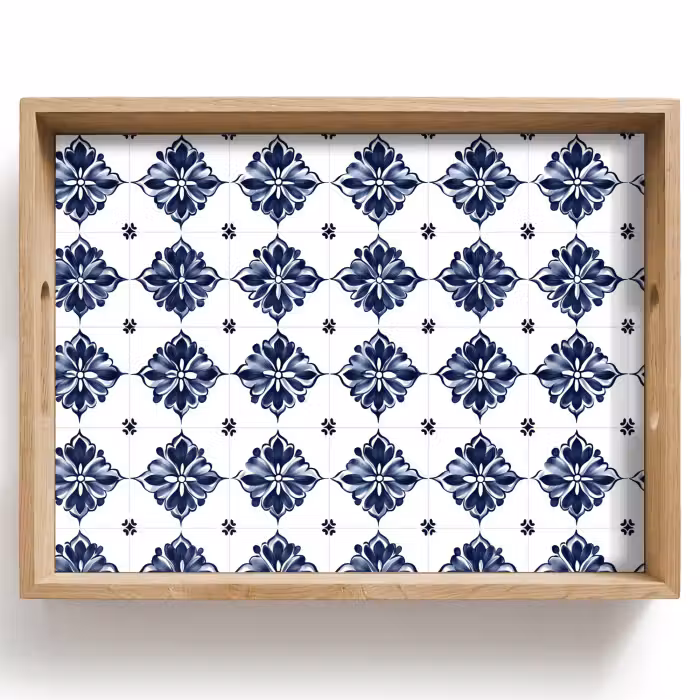 Dienblad - Tegelmotief - Blauw - Wit - Bloem