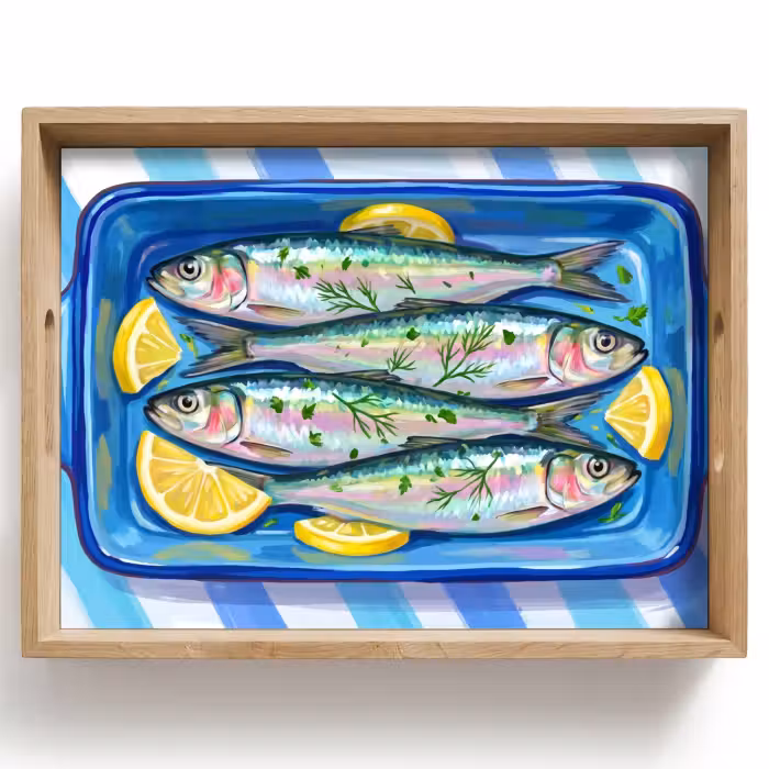 Dienblad - Vis - Citroen - Kruiden - Eten - Blauw