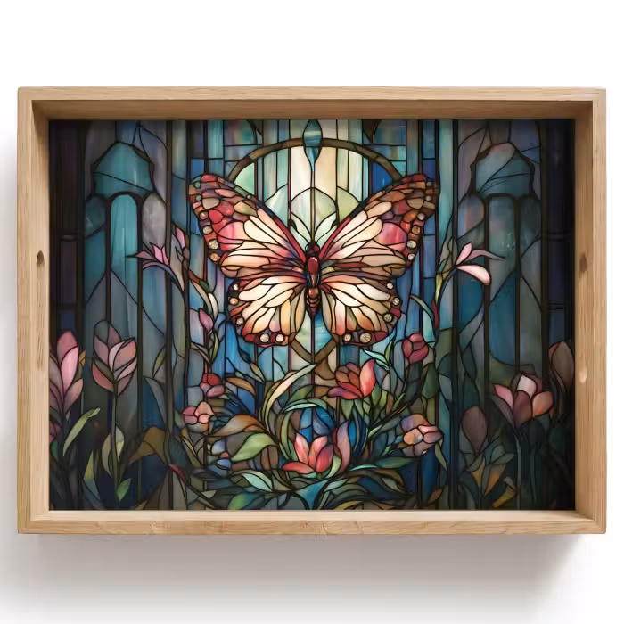 Dienblad - Vlinder - Roze - Bloemen - Bladeren