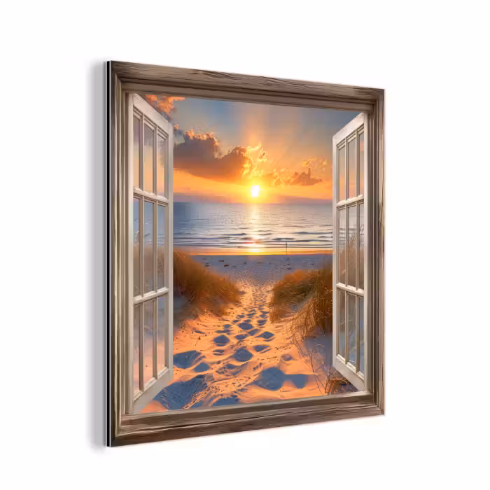 Aluminium schilderij - Doorkijk - Strand - Duinen - Zonsondergang