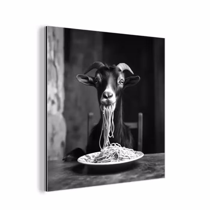 Aluminium schilderij - Geit - Bord - Spaghetti - Zwart Wit
