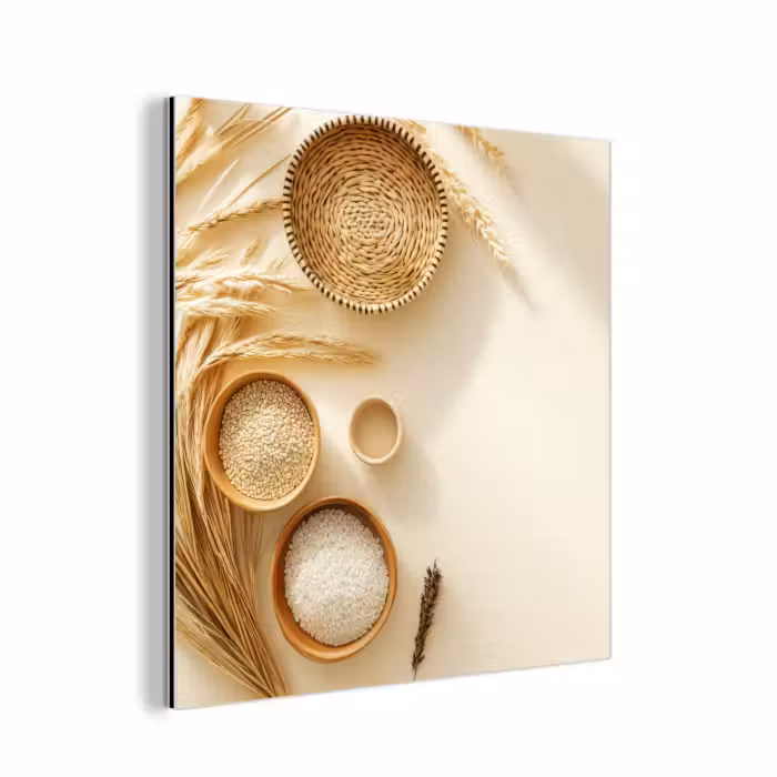 Aluminium schilderij - Granen - Hout - Kom - Beige