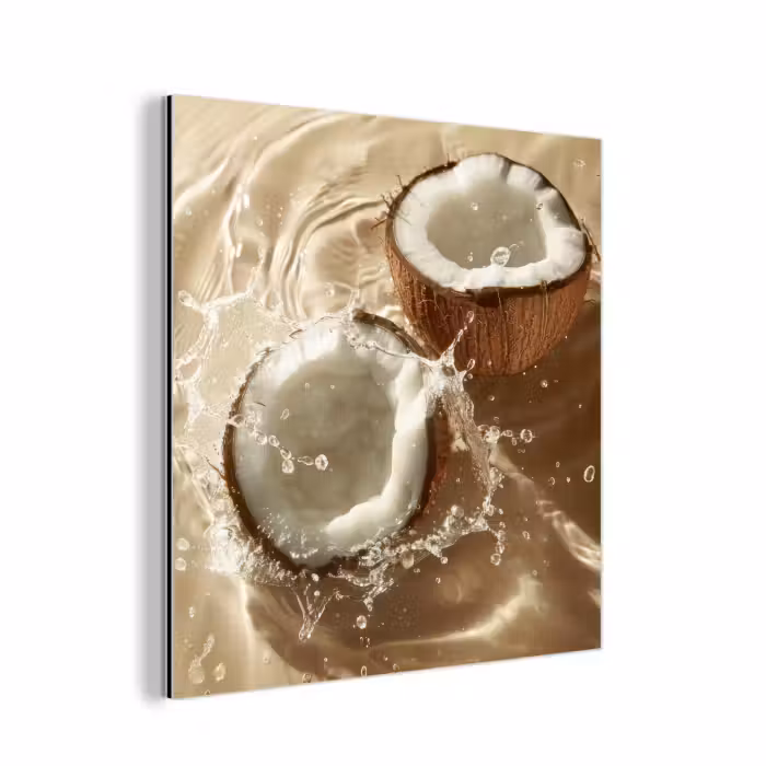 Aluminium schilderij - Kokosnoot - Water - Beige - Spetters