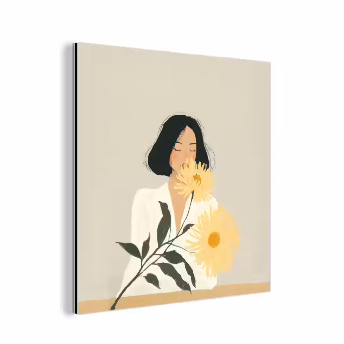 Aluminium schilderij - Vrouw - Bloem - Geel - Minimalistisch