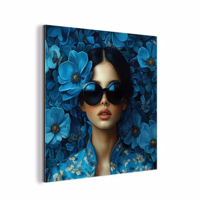 Aluminium schilderij - Vrouw - Bloemen - Blauw - Aesthetic - Luxe
